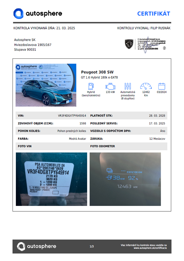 Certifikát Autosphere